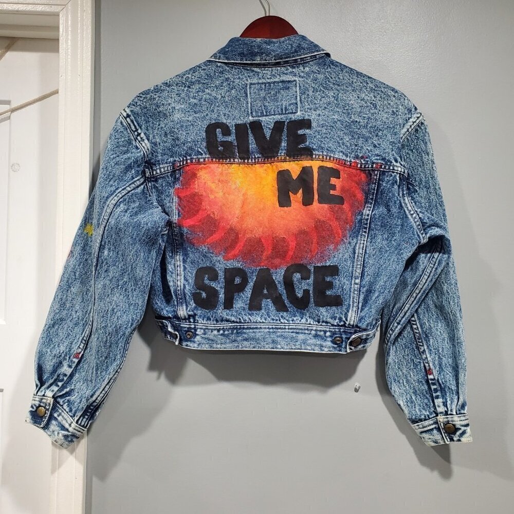 Tobias International Cropped Custom Hand Painted Jean Jacket Give Me Space Sz S